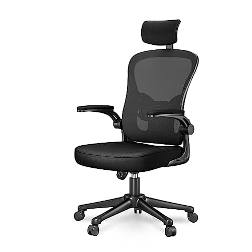 Image of naspaluro Office Chair Desk Chair with Back Support, Ergonomic Chair with 90° Flip-Up Armrest, Adjustable Headrest, Swivel Mesh Chair for Home and Office Use (Black)