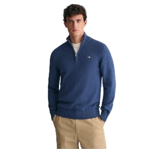 Image of GANT Mens Cotton Half Zip Cream Sweater Marine Blue S
