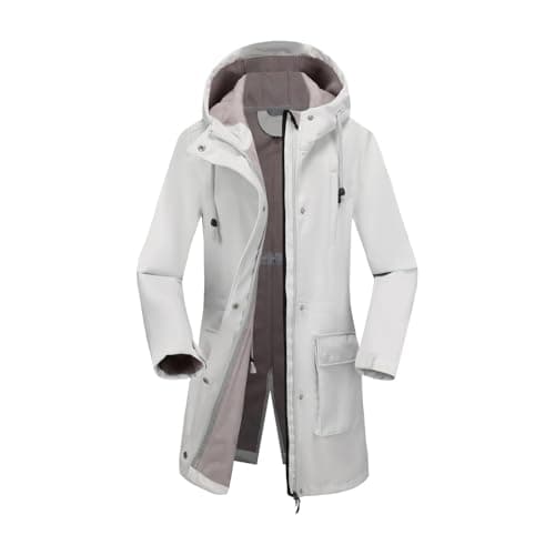 Image of Winter Waterproof Jacket Womens Coats Fleece Jacket Women Warm Parka Coat with Hooded Padded Windproof Warm Coat Parka Full Zip Up Button Mid-Length Outerwear for Outdoor Climbing Hiking White S