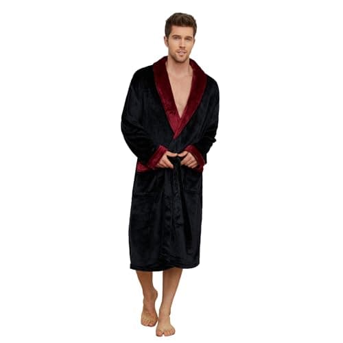 Image of U2SKIIN Mens Fleece Robe Plush Collar Shawl Bathrobe (Black/Dark Red, L/XL)