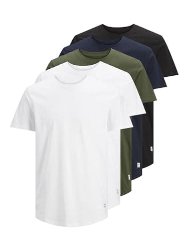 Image of JACK & JONES Mens JJENOA SS Crew Neck TEE 5PK MP, White (Pack: 2 White, 1 Black, 1 Navy, 1 Forest), XS UK