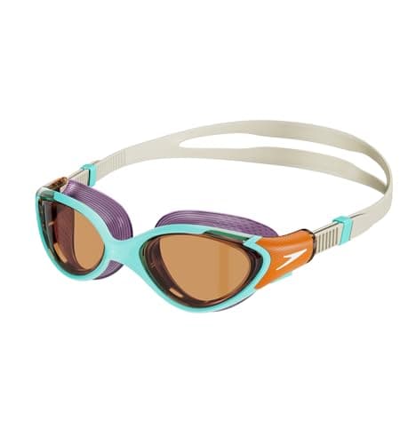 Image of Speedo Women's Biofuse 2.0 SwiMing Goggles | Female Design | Patented Adjust Mechanism | Anti-fog | Anti-leak | Comfort Fit, Marine Blue/Pumpkin Spice/Pale, One Size