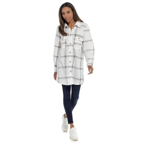 Image of A2Z Ladies Fleece Check Shacket Long Sleeve Oversized Shirt Jacket with Pockets - Shacket 1700 Grey 16/18