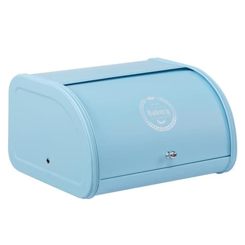 Image of HollyHOME Bread Bin with Stainless Steel Body Metal Bread Bins for Kitchen Bread Storage Containers with Roll Up Easy Storage Bread Box Holder Lid,Light Blue