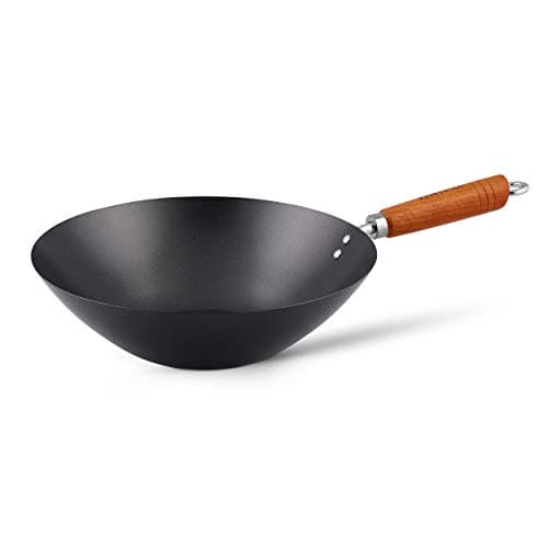 Image of Ken Hom Carbon Steel Wok, Non-Stick 31cm, Classic, Non-Induction/Wooden Handle/Flat Base Pan, Includes 1 x Chinese Wok Pan, Not Dishwasher Safe
