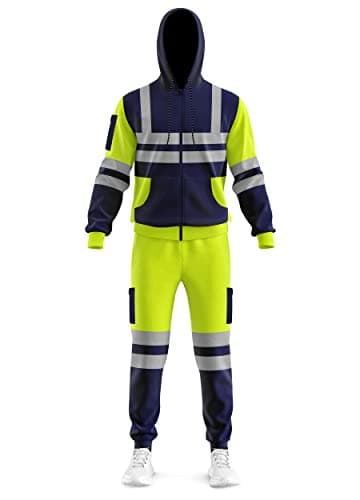 Image of trending babz Mens Hi Vis Viz Zip Up Hooded High Visibility Tracksuit Zip Sweatshirt & Jogging Bottoms Joggers Reflective Tape Safety Work Full Set