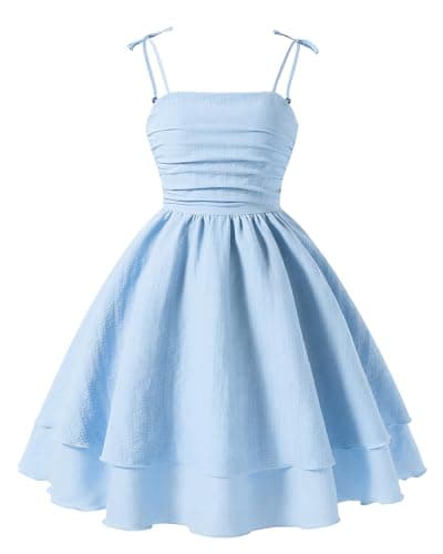 Image of Happy Cherry Summer Dresses for Teens Girls 10 Years Spaghetti Strap Midi Casual Sleeveless Sundress Swing Smocked A Line Beach Boho Dress Blue