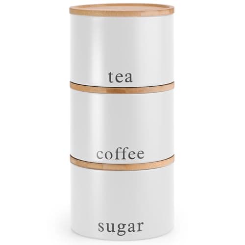 Image of EHC Tea, Coffee, Sugar, Canister Set, Set of 3 Stackable Airtight Food Storage Easy to Open Storage Canisters Jars Tin, White