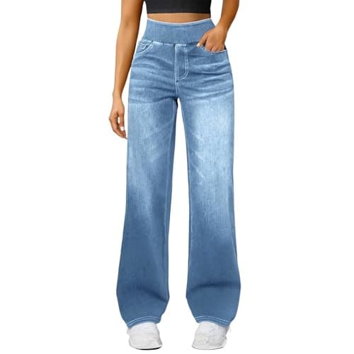 Image of Wide Leg Jeans for Women UK High Waisted Pull On Stretch Comfy Palazzo Trousers Casual Denim Pants with Pockets for Everyday Wear