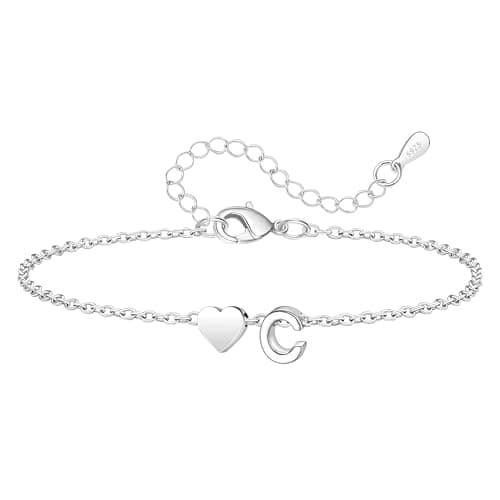 Image of Agmore Adjustable S925 Silver Bracelets for Women A-Z Initial Letter with Heart Pendant Bracelet Gifts for Friends Daughter Mum Girls Christmas Birthday (C)