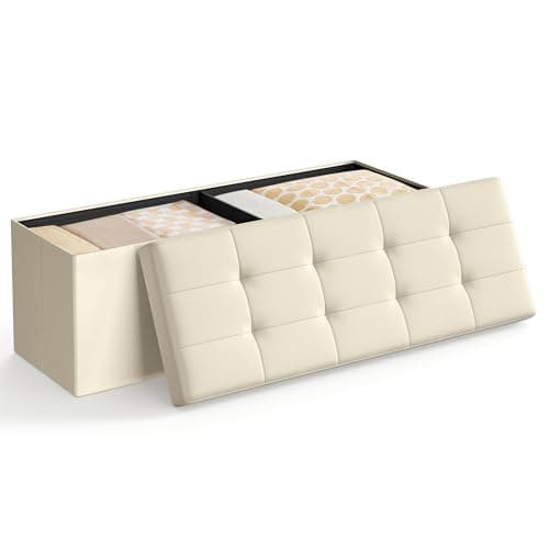 Image of SONGMICS MAZIE Collection - Storage Ottoman Bench, 110 cm Folding Foot Rest Stool, End of Bed Bench, Easy Assembly, for Living Room, Bedroom, Entryway, Cream White LSF077W51