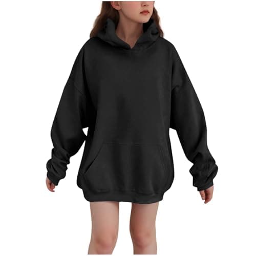 Image of duxyoz Black Girl'S Hoodie Oversized Hooded Sweatshirt Thicken Fleece Lined Pullover Jumpers Kids Casual Autumn Winter Long Sleeve Tops Baggy Loose Outwear Long Hoodies For Girls 12-13 Years
