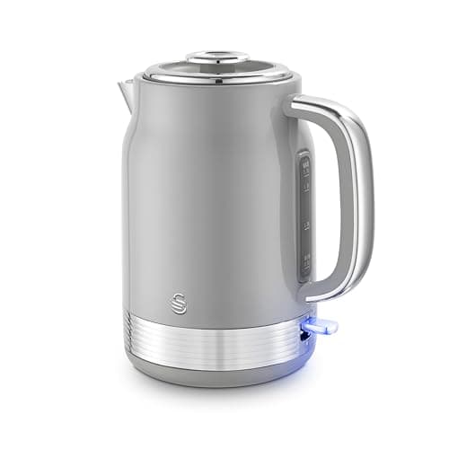 Image of Swan SK19025GRY Retro Jug Kettle, Rapid Boil, Removable Limescale Filter, Easy Pour, 360 Degree Base, Water Indicator Window and Boil Dry Protection 1.7L, 3KW, Grey and Stainless Steel