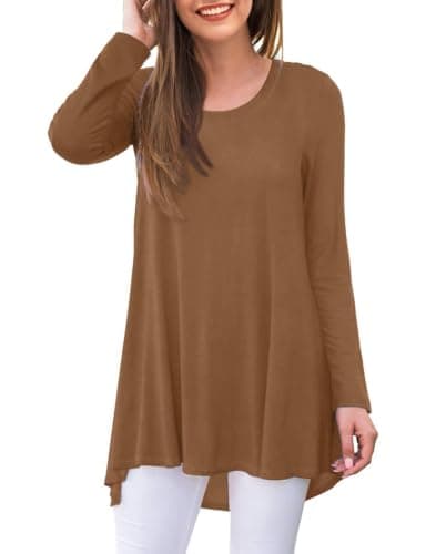 Image of AWULIFFAN Women's Casual Round Neck Long Sleeve Loose Tunic T-Shirt Blouse Tops, 52 Brown, M