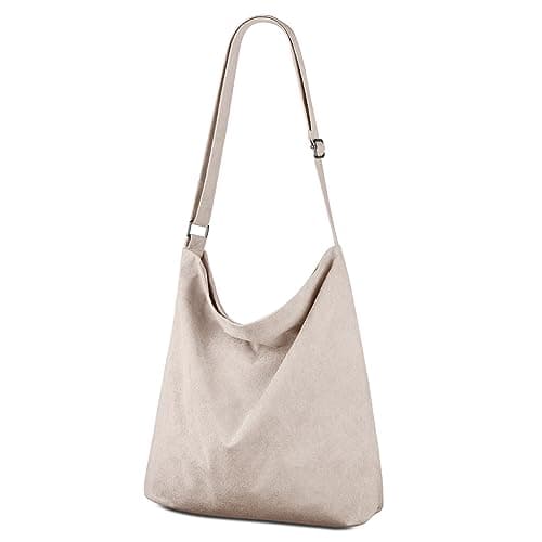 Image of Kememo Crossbody Hobo Bag Corduroy Tote Bag with Zip, Large Capacity Shoulder Bag Handbags Shopping Bag for Women Girls Work School, Beige