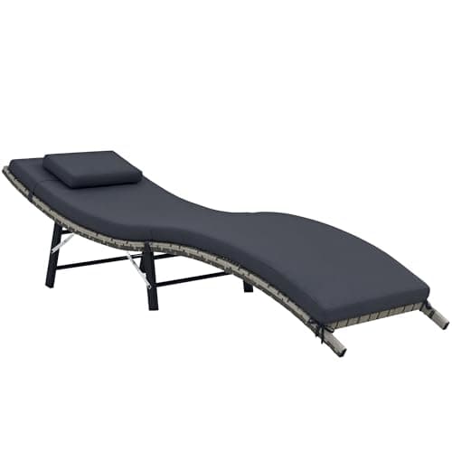 Image of Outsunny Folding Rattan Sun Lounger, Wicker Garden Lounger with Cushion and Pillow, Outdoor Sunbed with Steel Frame for Patio, Beach, Terrace, Grey