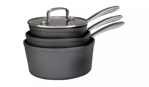 Image of 3 Piece Hard Anodised Aluminium Saucepan Set Non Stick Induction Cookware with Glass Lids & Stainless Steel Handles, 16cm 18cm 20cm