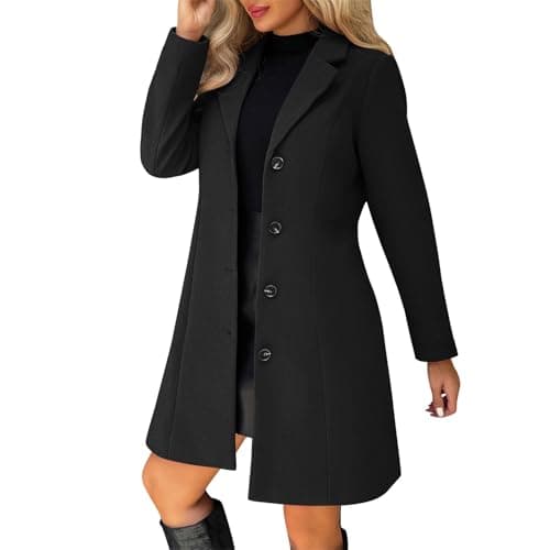 Image of Women's Coats Winter Single Breasted Wool Blend Jacket Causal Lapel Collar Button Elegant Trench Coats for Women Windbreaker Jacket Ladies Long Sleeve Tops Mid-Length Overcoat Warm Outerwear