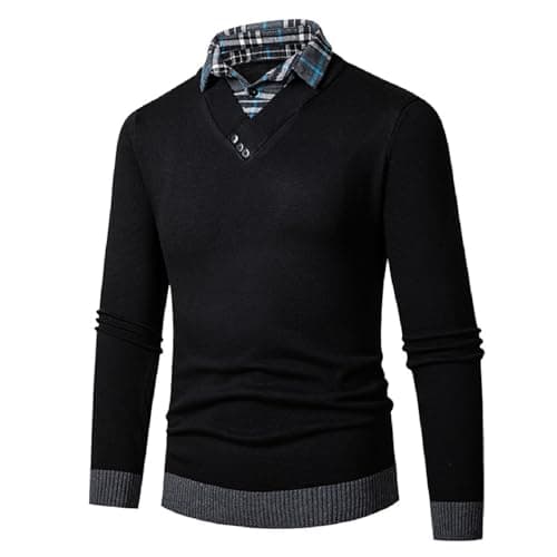 Image of ZDSUHYIW Men's Shirt Pullover 2 in 1 Long Sleeve Knit Pullover with V-Neck Slim Fit Simple Casual Cardigan Sweatshirt Winter Pullover with Shirt Collar Mock, black, M