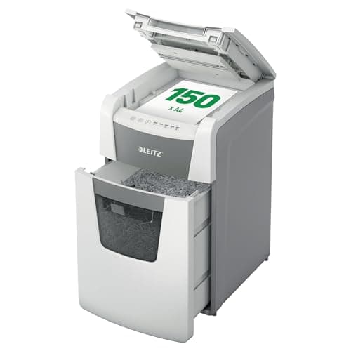 Image of Leitz IQ Autofeed Office Micro Cut Paper Shredder P5, Automatic, 150 sheet, 44 Litre Bin Capacity, White, 80140000