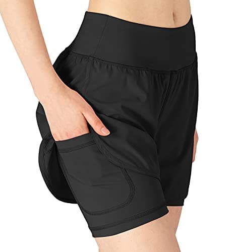 Image of donhobo Womens Running Gym 2 in 1 Sports Shorts with Pockets,Breathable Quick Dry Fitness Shorts for Workout Training Yoga Jogging Pilates Black L