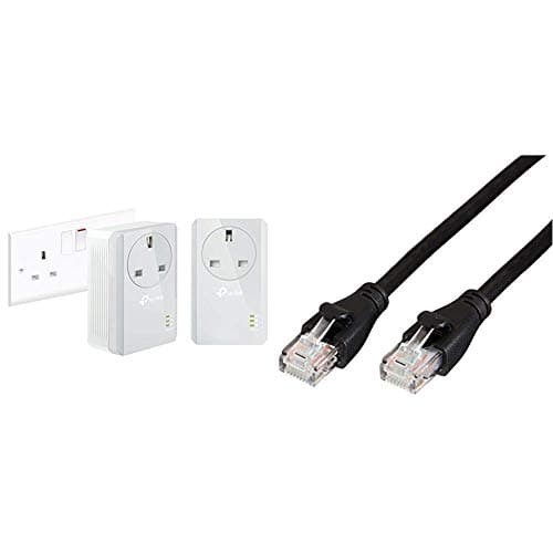 Image of TP-Link TL-PA4010PKIT Passthrough Powerline Adapter Starter Kit, No Configuration Required, UK Plug, Pack of 2 & Amazon Basics RJ45 CAT6 Ethernet LAN Patch Cable (1.5 m / 5 Feet) [1,000 Mbps (1 Gbps)]