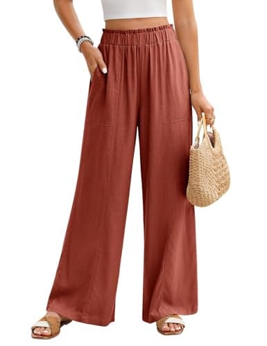 Image of PASUDA Womens Linen Trousers Elasticated High Waisted Palazzo Pants for Women Casual Wide Leg Trousers with Pockets Ladies Elegant Summer Pants Loose Lounge Flowy (Brick Red, M)