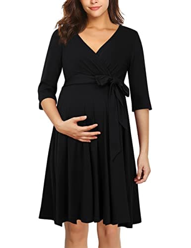 Image of KOJOOIN Womens Maternity Dress Nursing Dresses Pregnancy Dress Breastfeeding Dress 3/4 Sleeve A-line V-Neck Dress Black-01 S