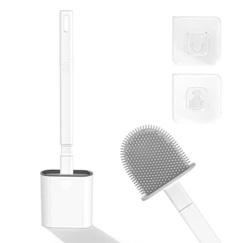 Image of Toilet Brush, 1 Pack Bathroom Silicone Toilet Brushes and Holder Sets with No-Slip Long Plastic Handle and Soft Flexible Bristles, Toilet Brushes with holders and Base for Anti-drip (White)