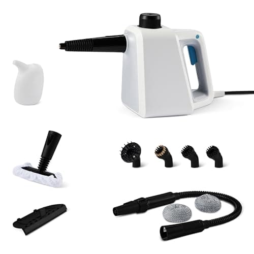 Image of Amazon Basics Steam Cleaner Handheld with 6 Accessories, 250ml Tank, 1000W, 3-Minute Heat-Up, for Bathroom, Kitchen, Car, White