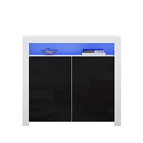 Image of Panana 2 Door Modern LED Sideboard Matt Body and High Gloss Fronts, Cabinet Cupboard Unit with Multicolor LED Light, 107 cm *35 cm *97 cm (White+Black)