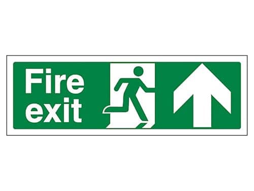 Image of The Workplace Depot Fire Exit Up Direction Sign - 150(H) x 450(W) mm, Running-Man with Arrow Sign, 1mm Rigid PVC or Self-Adhesive Vinyl - for Offices, Warehouses & Schools (PVC (Rigid))