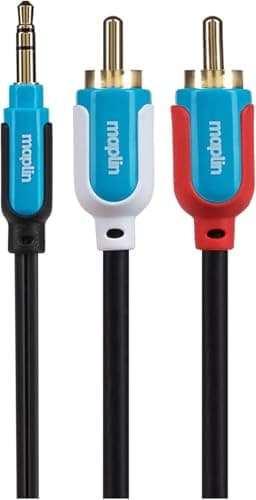 Image of Maplin 3.5mm Aux Stereo 3 Pole TRS Jack Plug to Twin RCA Phono Cable 5m