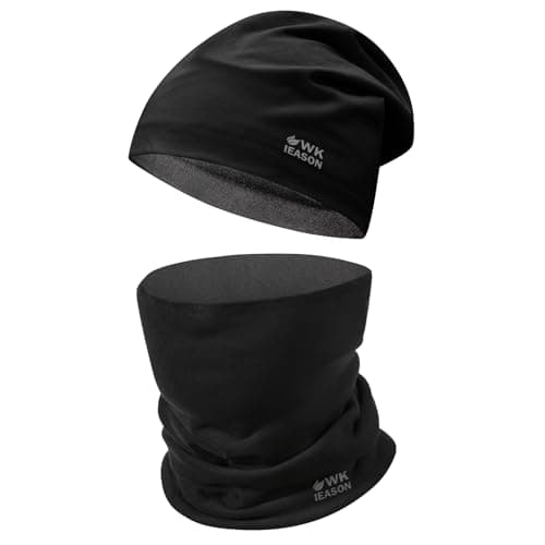 Image of WK IEASON Winter Thermal Fleece Beanie Neck Warmer Set,Winter Running Hat and Thermal Snoods, Unisex Scarf and Fleece Beanie for Running Jogging Skiing Cycling Snowboarding Climbing Outdoor Sports