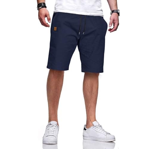 Image of JustSun Mens Shorts with Pockets Summer Casual Shorts for Men UK Chino Cotton Elasticated Waist Dark Blue L