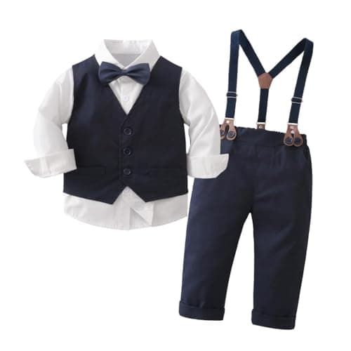 Image of Lito Angels Kids Boys Gentleman Outfit 4 Piece Vest Suit Set with Shirt Trousers Bow Tie for Wedding Christening Party Formal Wear Age 4–5 Years Navy