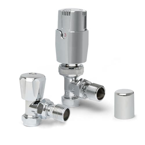 Image of Chrome Angled Thermostatic Radiator Valves TRV Modern Radiator Valves 15mm x 1/2" (Set of 2) for Heated Towel Rails & Central Heating Radiators Radiator Valve Set