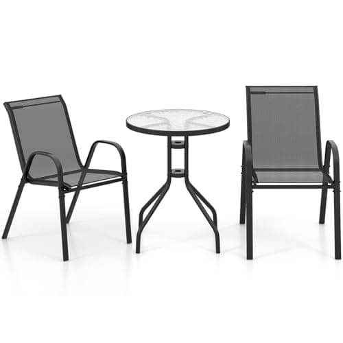 Image of TANGZON 3 Pieces Patio Bistro Set, Outdoor Round Glass Dining Table and 2 Stacking Chairs, Metal Frame Garden Dining Furniture Sets for Backyard Balcony Porch Poolside Lawn (Black)