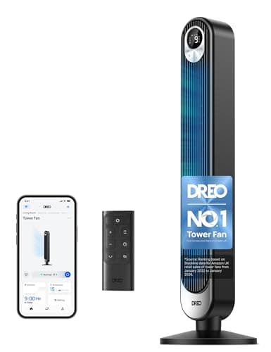 Image of DREO 42 Inch Smart Tower Fan, 8.5m/s High-Velocity Cooling Fans, 9 Speeds Standing Fans for Bedroom, 25dB Silent Bladeless Electric Fan, 4 Modes, 90° Oscillating, 12H Timer, WiFi/Alexa/Remote Control
