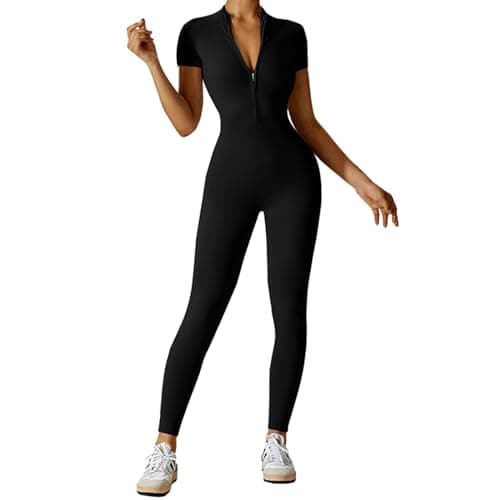 Image of Litthing Women Yoga Jumpsuit Zip up Unitard Short Sleeve Bodysuit Sports Romper Stretchy Bodycon Playsuit Workout Outfit Slim Fit One Piece Smooth Touch Bodysuit Fitness Sportswear Daily Wear