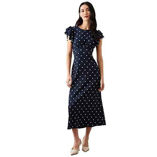 Image of Dorothy Perkins Women’s Navy Spot Print Ruffle Sleeve Empire Jersey Midi Dress