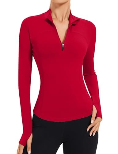 Image of IECCP Women's Gym Red Top 1/4 Zip Long Sleeve Quick-Dry Sports T-Shirts Lightweight Athletic Activewear for Yoga, Running, Workout Red S