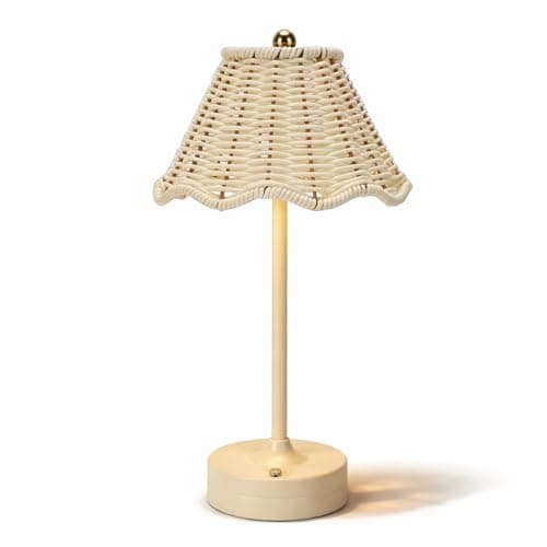 Image of Sxhlseller Rattan Table Lamp, Rechargeable Cordless LED Lamp with Touch Control 3 Brightness Levels, 7H Battery Life Adjustable Color Temperature for Bedroom Living Room Office (White)