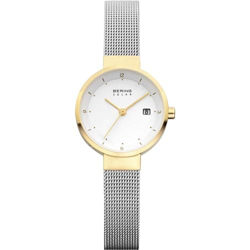 Image of BERING Women Analog Solar Collection Watch with stainless steel Strap and Sapphire Crystal 14426-010, Silver/Gold, 26 mm