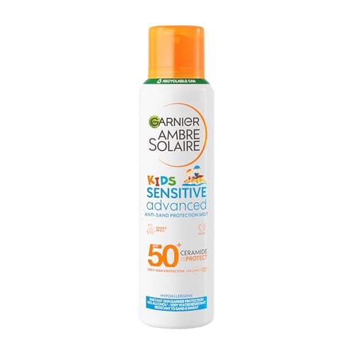 Image of Garnier Ambre Solaire Sun Cream SPF 50+ Sensitive Advanced Kids Anti-Sand Sun Protection Mist Spray, Very High Protection UVA & UVB, Water Resistant, For Face & Body, Cruelty Free 150ml