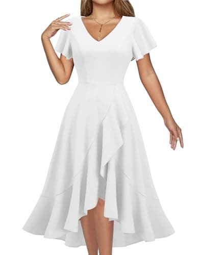 Image of DRESSTELLS Formal Dresses for Women UK, Spring Ruffle Cocktail Church Tea Party Bridesmaid Prom Evening Party Beach Vacation High Low Split Dress White M