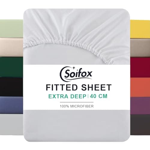 Image of Soifox King Size Fitted Sheet White - Bed Sheets with Extra Deep Pocket 16 inch (40 cm), Soft Microfiber Bottom Sheet for Kingsize Bed, 150x200cm