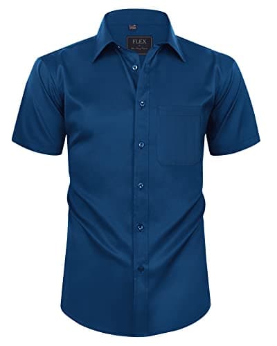 Image of siliteelon Mens Shirts Short Sleeve Stretch Dress Regular Fit Casual Business Summer Shirt with Pocket Navy Blue M