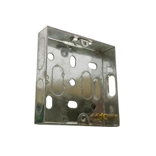 Image of Generic 1 Gang Metal Back Box 16mm, Single Pattress Box, Galvanised Steel, Silver, Not Water Resistant, Includes Lugs, Knockouts, Brass Earth Terminals, Certified BS4662