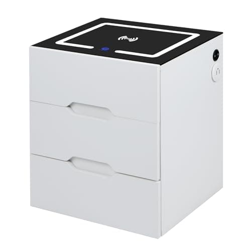 Image of Panana Bedside Table with with Wireless Charging Station, 2 USB Port & Touch Screen, 3-Color Dimmable LED Smart Nightstand with 3 Drawers End Table Organizer for Living Room Bedroom (White)